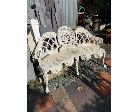 A white painted in the style of Coalbrookdale cast metal three seater garden bench (af)Condition Report: Although we believe 