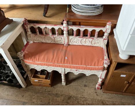 A painted Chinese bench on turned colum supports, length 93cm, depth 33cm, height 78cm.