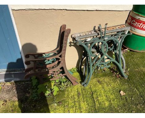 Two metal framed bench ends, with two metal table ends (4) 