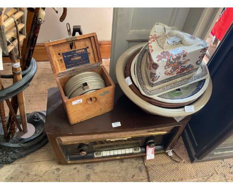 A vintage Tannhauson 1950s radio together with a cased pigeon timing clock, a late Victorian cheese dome and cover and three 