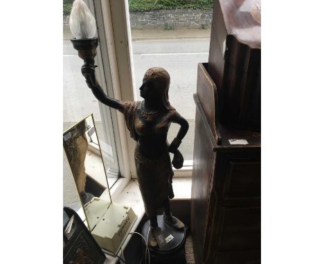 A decorative composite lamp representing an Eastern girl with gilt highlights, supporting the frosted glass shade, the plinth
