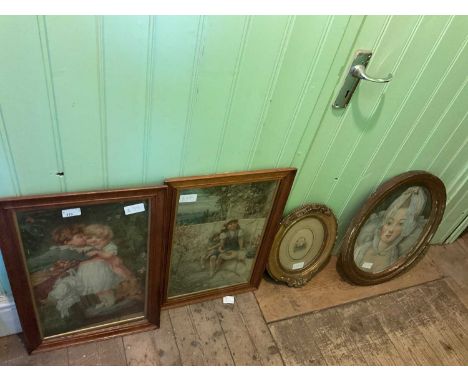 An Edwardian watercolour portrait of a girl, unsigned, 39 x 31cm, with two prints of children, photograph of a child, and a w