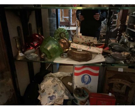 A collection of Victorian and later collectors' items to include an oil lamp reservoir, parts, weights, etc.