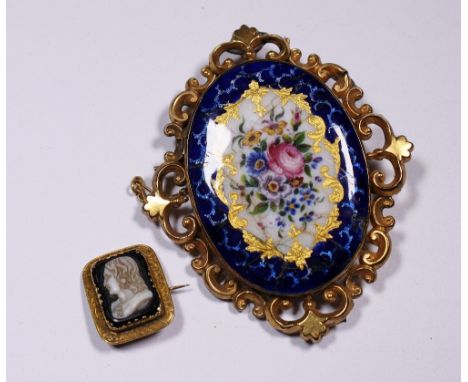 Pair of yellow metal brooches, one cameo and one enamel
