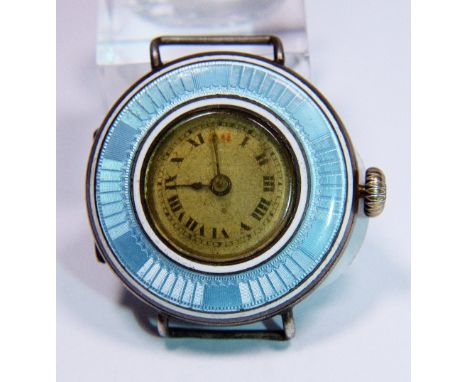 925 Continental silver wristwatch with blue guillouche enamel bezel