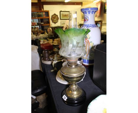 Art Nouveau brass paraffin lamp with green glass, H ~ 58cm 