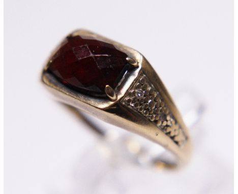 Yellow gold garnet set with diamond shoulders gents signet ring, size U, 4g