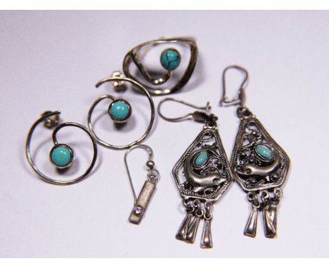 Two pairs of silver stone set earrings and a silver ring 