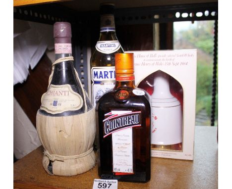 Boxed Bells commemerative whisky decanter, bottle of Cointreau, bottle of Chianti and a bottle of Martini Bianco 