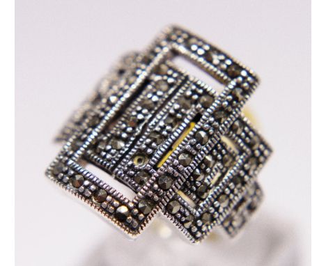 Sterling silver large Art Deco style marcasite ring, size O 