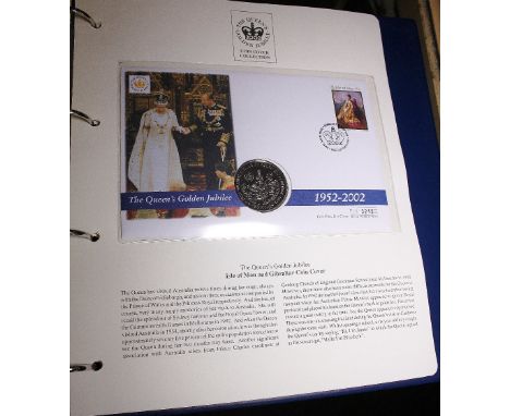 Folder of first day issue Westminster Mint postage stamps and associated coins