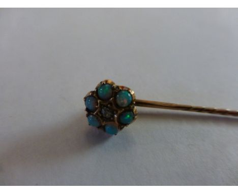 Presumed 9ct yellow gold opal and diamond set gents tie pin, 1.8g
