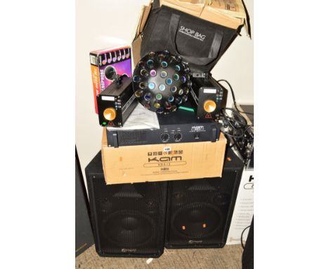 A PAIR OF AI INTIMIDATION DJ SPEAKERS, a boxed KAM KBA12 amplifier, a pair of Laser Display units, a Vivanco FM Radio Microph