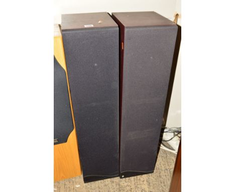 A PAIR OF KEF CODA 10 SP3268 FLOOR STANDING HI-FI SPEAKERS, in mahogany finish with a black speaker cover, in working order, 