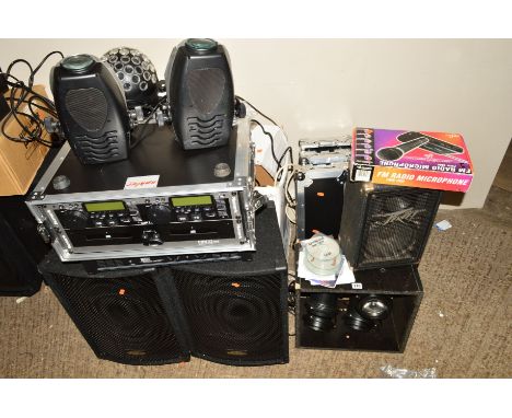 A BOXED PAIR OF KAM ZP SERIES 150 WATTS DJ SPEAKERS, a W Audio DA500 Power amp, two Acme LED830 Lighting effects, a Vivanco F