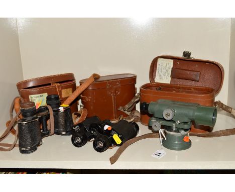 A PAIR OF CARL ZEISS DELTRINTEM 8 X 30 BINOCULARS, a pair of Trentor 8 x 30 binoculars and a Hilger and Watts Surveyors level