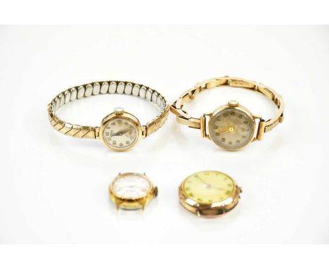 An early 20th century 9ct gold lady's wristwatch on bracelet strap and a Technos plated example, also a 9ct watch head and a 