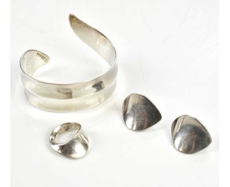 GEORG JENSEN; a set of silver jewellery including a bangle with plain polished tapered design, inside diameter 6cm, stamped '