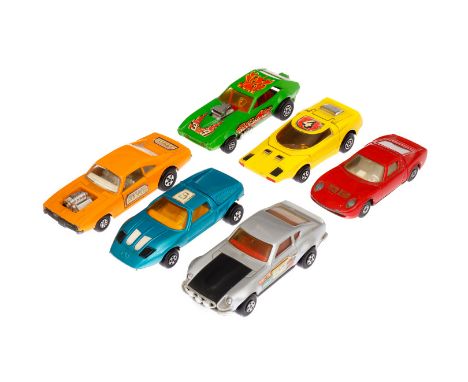 Konv. 6 Matchbox Rennwagen, ”Speedkings”, darunter K-30 Mercedes C III etc., 1 Karosserie lose, Alterungs- und Gebrauchsspure