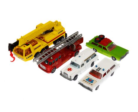 Konv. 5 Matchbox Fahrzeuge, ”Super Kings” und ”Speed Kings”, darunter Kranwagen ”Hercules Mobile Crane”, Feuerwehrauto (972),