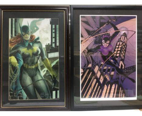 Four DC prints of female DC Villains and Heroes including Catwoman, Batgirl and others as well as a Marvel X-Women print, sig