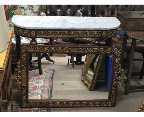 A marble top and mahogany console table with gilt metal mounts and a conforming mirror length 97cm