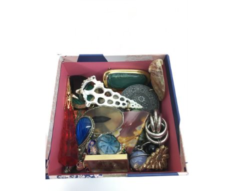 A box of vintage pendant drops including enamel