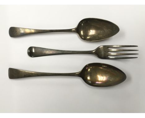 A Georgian silver fork and two Georgian silver spoons, approx lengths 20cm and 22cm.