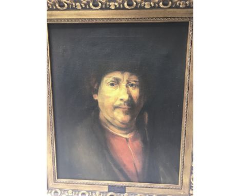 An oil on canvas self portrait after Rembrandt. Measures approximately 49cm by 58cm (inclusive of frame).