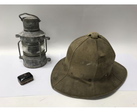 A group of items to include an old ships anchor lamp, Pitt hat and a Cloissone box.