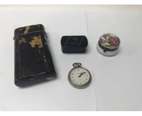 A small group of boxes to include a Tortoise shell box, a Victorian snuff box, a ceramic pot and a Sekonda pocketwatch.
