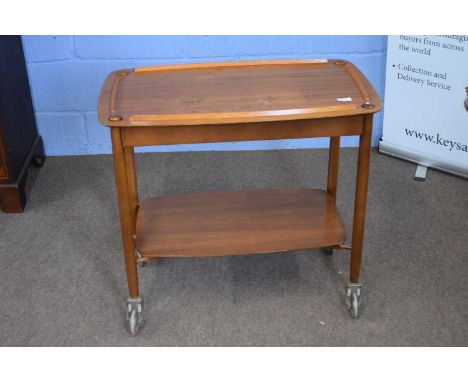 Good quality mid-century tea trolley with removable galleried tray top over a storage section and base shelf, 78cm wide