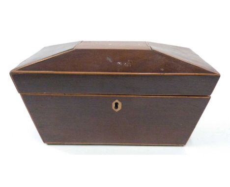 19th century mahogany sarcophagus formed tea caddy of hinged form, the interior with three lidded compartments, 26cm wide