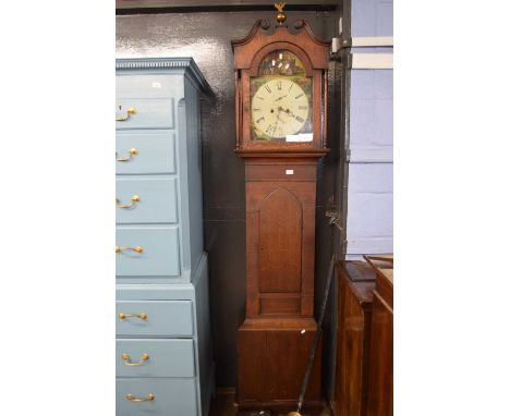 J Rule Kelso 19th century Scottish longcase clock, the oak case with broken arch pediment, ball finial, hood with pillared si