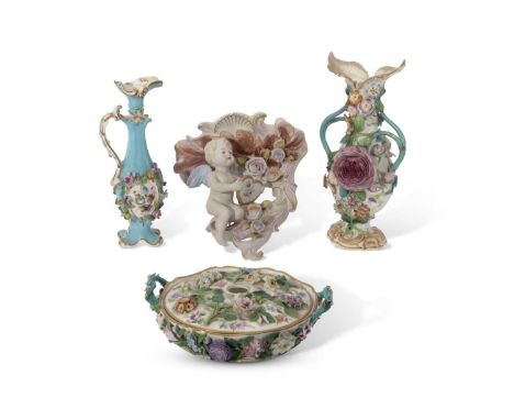 Group of 19th century English porcelain wares, relief decoration with floral encrustations in Minton Coalbrookdale style, com