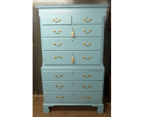 Georgian mahogany linen press formed of two sections with two short and six long drawers raised on bracket feet, later painte