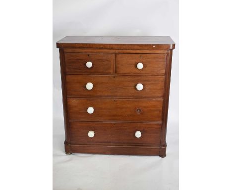Victorian mahogany chest of two short over three long drawers fitted with white ceramic handles, 103cm wide