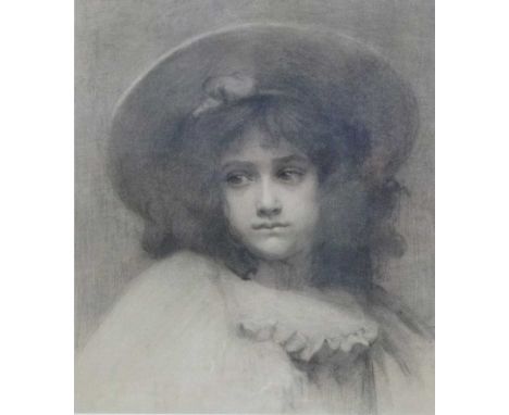 20th century School, portrait of a young girl in wide brimmed hat, charcoal, unsigned, f/g
