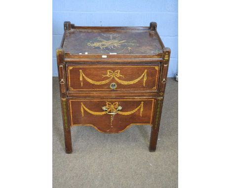 Georgian mahogany tray top commode with pull out base and side lopes, decorated with painted swags and decoration of musical 