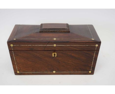 19th century rosewood and mother of pearl inlaid sarcophagus formed tea caddy with fitted interior, 59cm wide