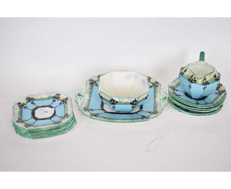 Part Shelley tea set of Queen Anne shape decorated with tall trees in sunset on an unusual light blue ground, the set compris