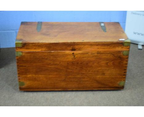 19th century hardwood trunk with brass bindings and swan neck handles to side, 91cm wide