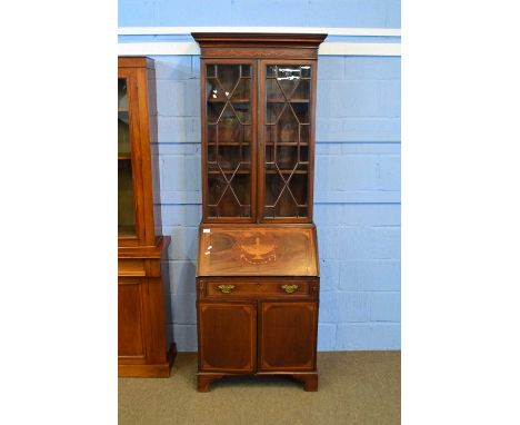 Edwardian mahogany and inlaid bureau bookcase cabinet with astragal glazed top section over a base with urn inlaid decoration