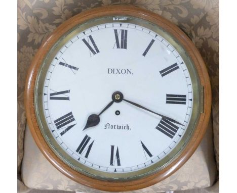 Dixon, Norwich, 19th century wall clock, enamel dial with Roman numerals to a brass single fusee movement set in a faded maho