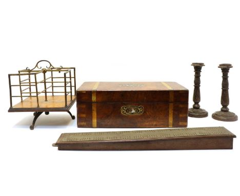 A Victorian walnut and brass bound writing slope, 50cm wide, 25cm deep, 18cm high, together with an early 20th century oak an
