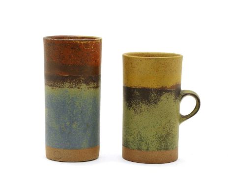 *Robin Welch (1936-2019), two stoneware items, one a vase, one a tankard, both with banded glazes, the vase in blue and red, 