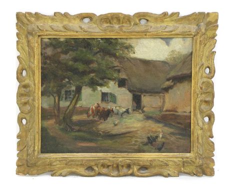 English School, early 20th centuryPastoral scene, cows and chickens by a cottageoil on canvas laid down37.5 x 48.5cmCondition