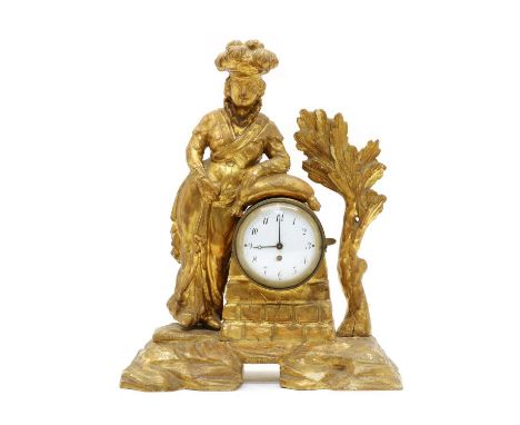 An 18th century carved pine and gilt figural mantel clock, with a convex enamelled dial, backplate signed 'Cabrier, London', 