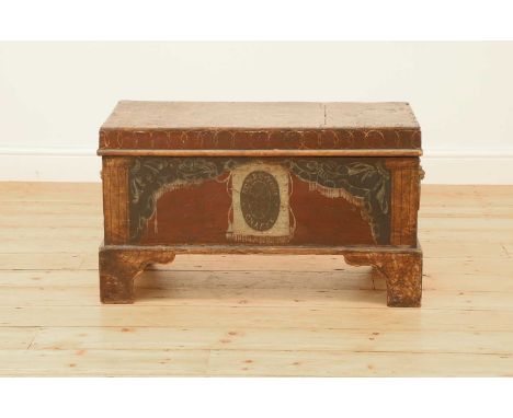 A small painted wooden chest, 19th century, French, converted from a wine cooler, the hinged lid enclosing a zinc liner, insc