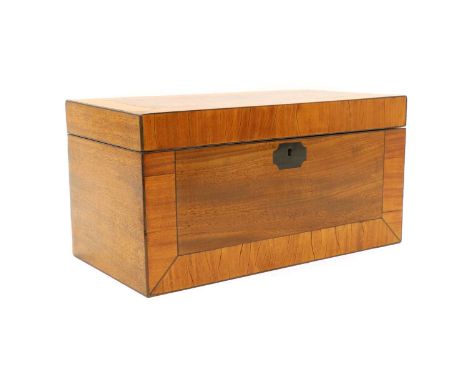 A Regency mahogany tea caddy, of rectangular form with crossbanded satinwood decoration, 31cm wide, 16cm deep, 16cm highCondi